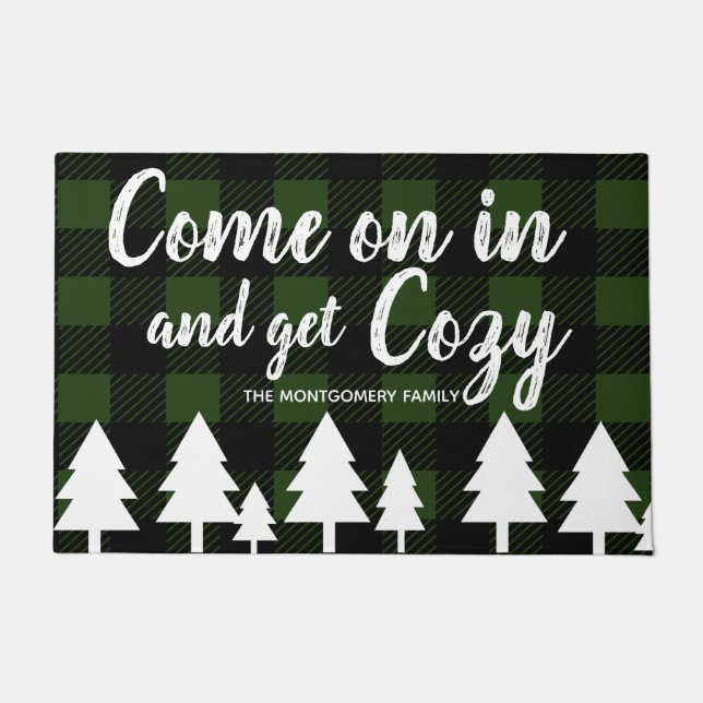 Rustic Fir Trees Black & Green Plaid Get Cozy Doormat (Front)
