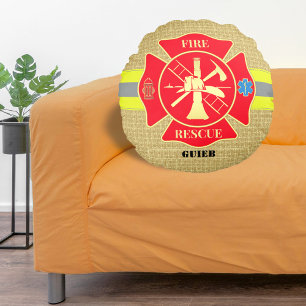 Rustic Firefighter Maltese Cross Bunker Gear Art Round Pillow