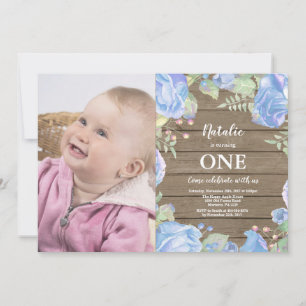Rustic First 1st Birthday Invitation Blue Floral