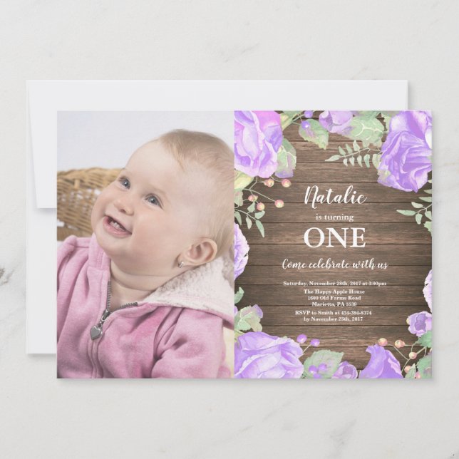 Rustic First 1st Birthday Invitation Purple Floral (Front)