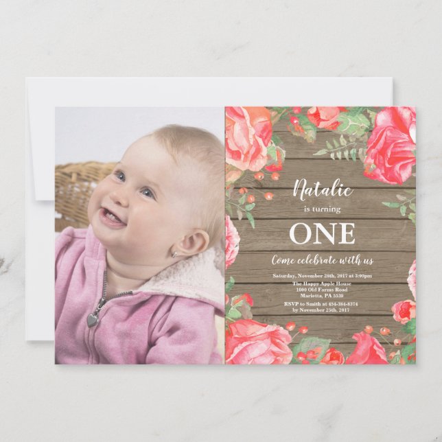 Rustic First 1st Birthday Invitation Red Floral (Front)