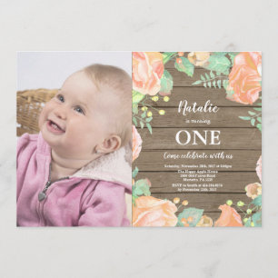 Rustic First Birthday Invitation Peach Floral