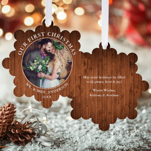 Rustic First Christmas Couple Photo Ornament Card