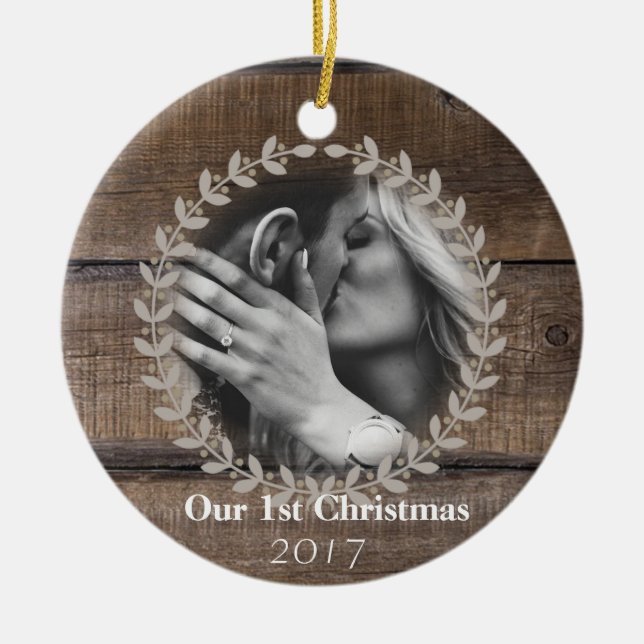 Rustic First Christmas Custom Photo Ornament (Front)
