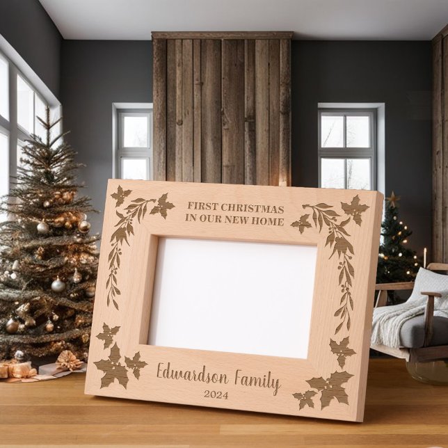 Rustic First Christmas in our new home monogrammed Etched Frames (Rustic First Christmas in our new home monogrammed Etched Frame. You can personalize it.)