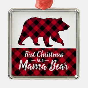 Rustic First Christmas Mama Bear Red Buffalo Plaid Metal Ornament