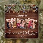 Rustic First Christmas Married Newlyweds 3 Photo Ceramic Ornament<br><div class="desc">Have Yourself a Married Little Christmas! Decorate your tree or send a special gift with this super cute personalized custom newlywed couple photo holiday ornament. Add your favourite photos and personalize with name and year. Ornament is double sided, duplicate design both sides. COPYRIGHT © 2020 Judy Burrows, Black Dog Art...</div>