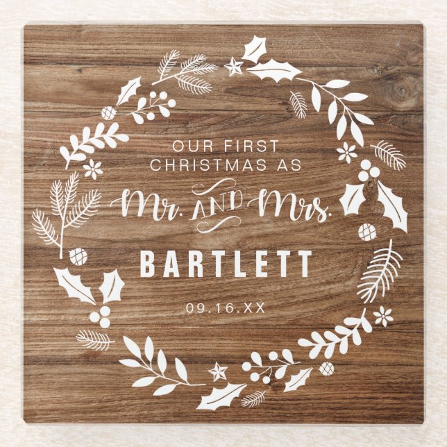 Rustic First Christmas Mr and Mrs Glass Coaster (Front)