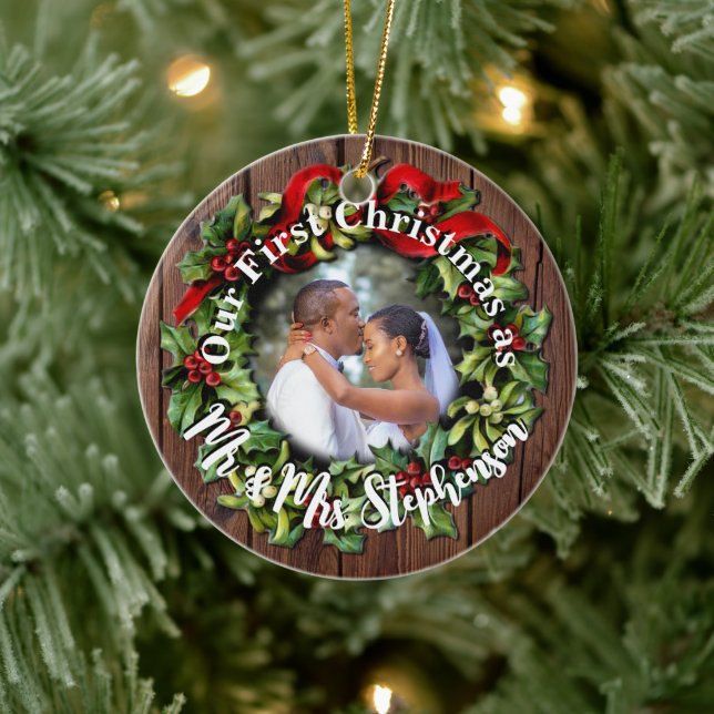 Rustic First Christmas Mr Mrs Couple Wedding Photo Ceramic Ornament (Tree)