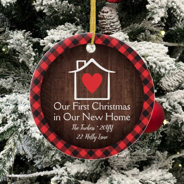 Rustic First Christmas New Home Heart Plaid Ceramic Ornament (Creator Uploaded)