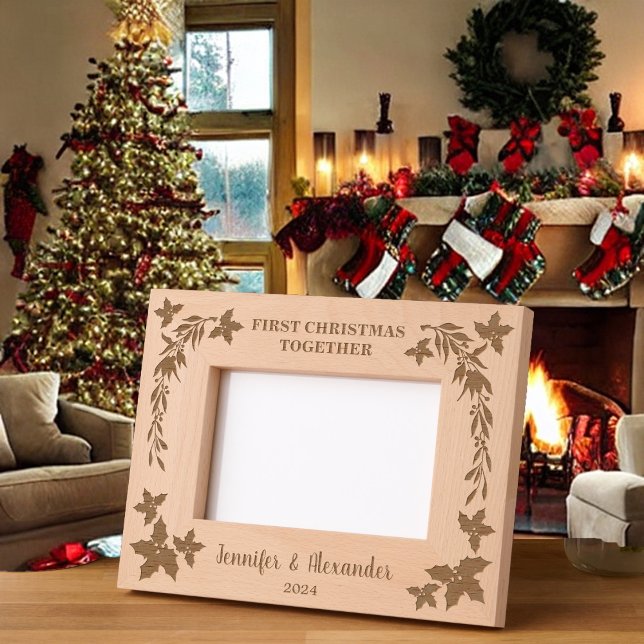 Rustic First Christmas together holly monogrammed Etched Frames (Rustic First Christmas together holly decoration etched frame.
You can personalize it.)