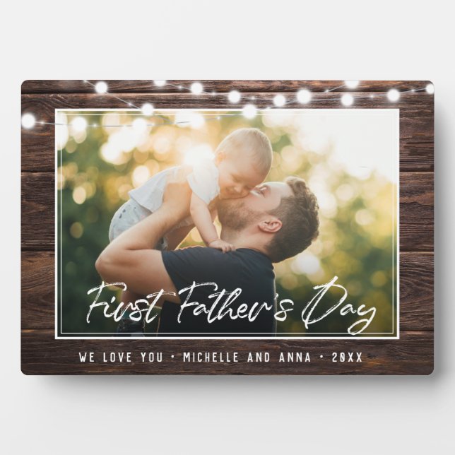Rustic First Fathers Day Modern Photo Wood Plaque (Front)