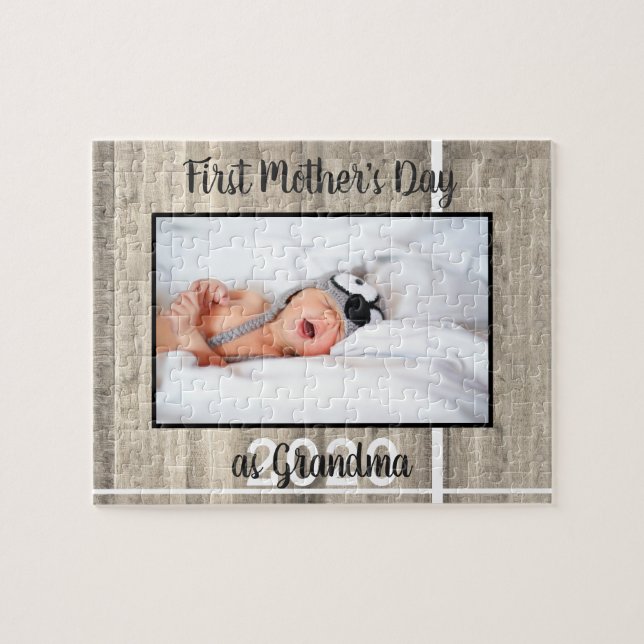 Rustic First Mother's Day Grandma Photo Wood Jigsaw Puzzle (Horizontal)