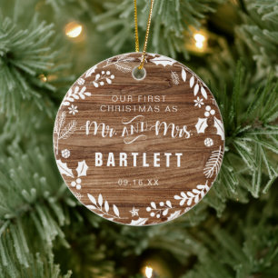 Rustic First Mr and Mrs Christmas Photo Ceramic Ornament