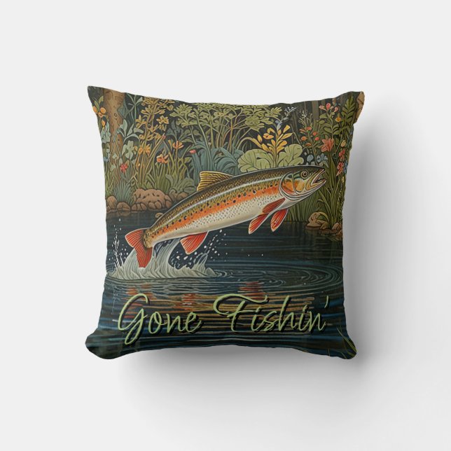 Rustic fish fishing fly fishing throw pillow (Front)