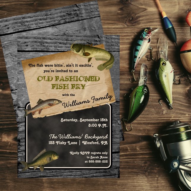 Rustic Fish Fry Backyard Cookout Picnic Invitation (Rustic Old Fashioned Fish Fry Backyard Cookout Picnic Invitation)