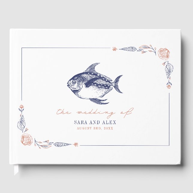 Rustic Fish Red & Blue Beach Wedding Guest Book (Front)