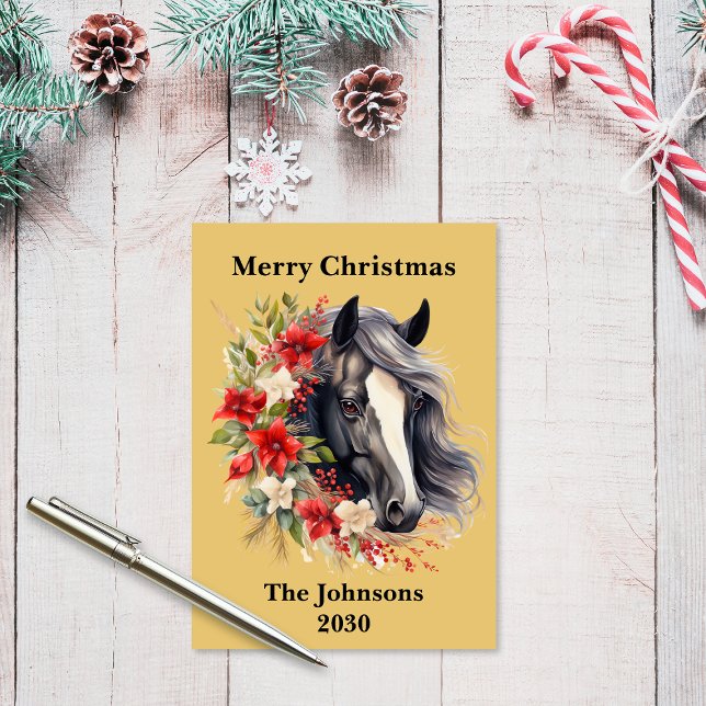 Rustic Flat Black Christmas Horse Wreath Holiday  Card (Rustic Flat Black Christmas Horse Wreath Holiday Card)