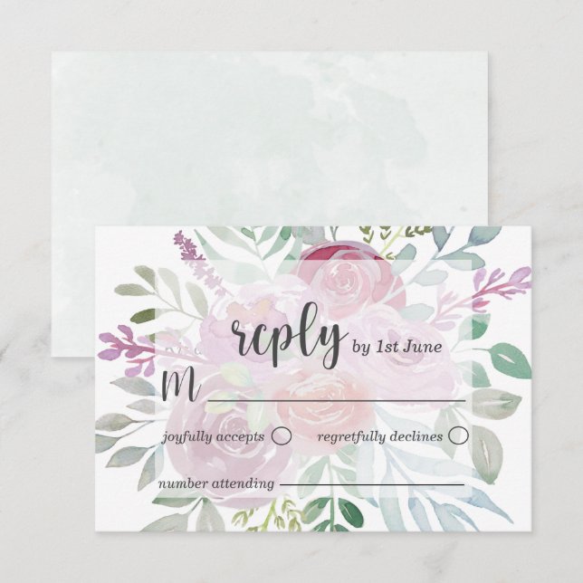 Rustic Flora Pink & Burgundy RSVP Wedding Card (Front/Back)