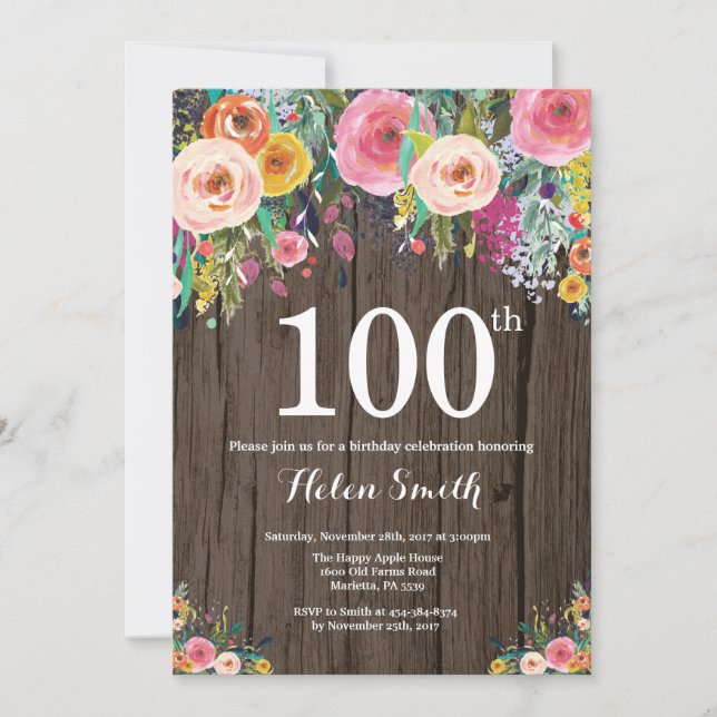 Rustic Floral 100th Birthday Invitation (Front)