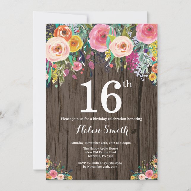 Rustic Floral 16th Birthday Invitation (Front)