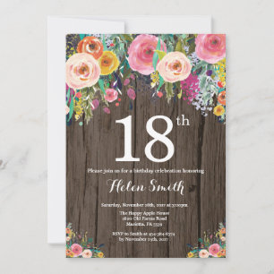 Rustic Floral 18th Birthday Invitation
