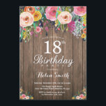 Rustic Floral 18th Birthday Invitation for Women<br><div class="desc">Rustic Floral 18th Birthday Invitation for Women. Watercolor Floral Flower, Rustic Wood Background. Vintage Retro. Adult Birthday. Women Girl Lady Teen Teenage Bday Bash Invite. 13th 15th 16th 18th 20th 21st 30th 40th 50th 60th 70th 80th 90th 100th. Any Age. For further customization, please click the "Customize it" button and...</div>
