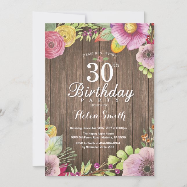 Rustic Floral 30th Birthday Invitation for Women (Front)
