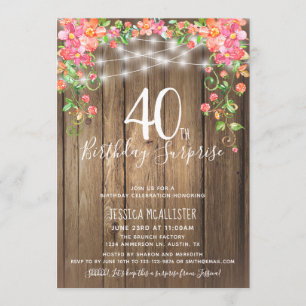 Rustic Floral 40th Surprise Birthday Brunch Invitation