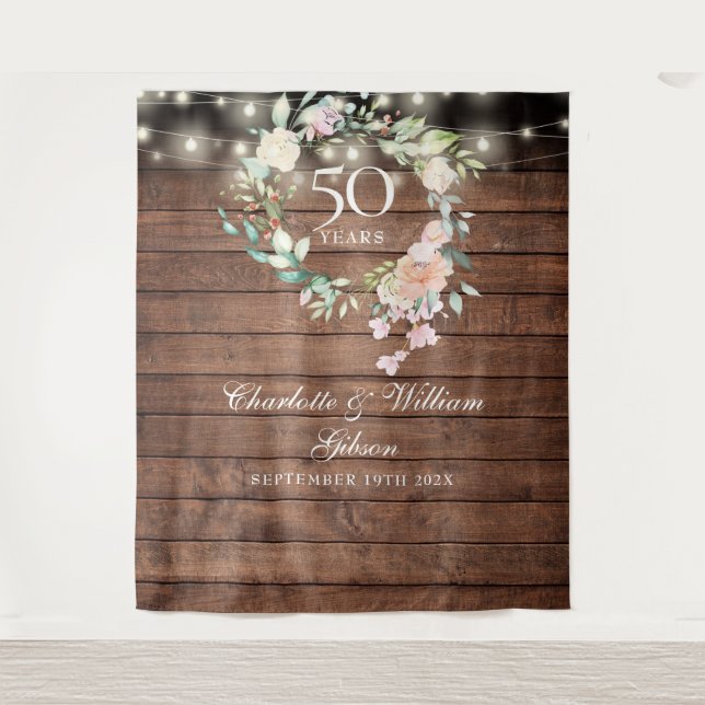 Rustic Floral 50th Anniversary Photo Backdrop Tapestry (Front)