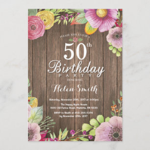 Rustic Floral 50th Birthday Invitation for Women