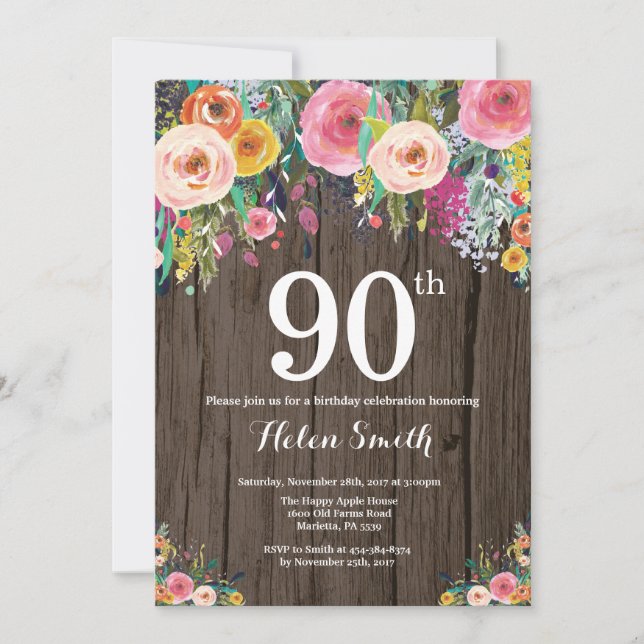 Rustic Floral 90th Birthday Invitation (Front)