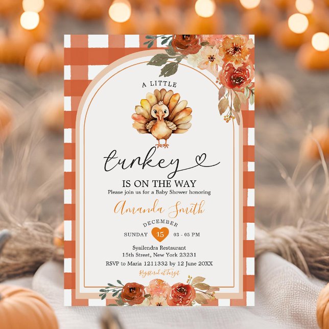 Rustic Floral A Little Turkey Gingham Baby Shower Invitation (Creator Uploaded)