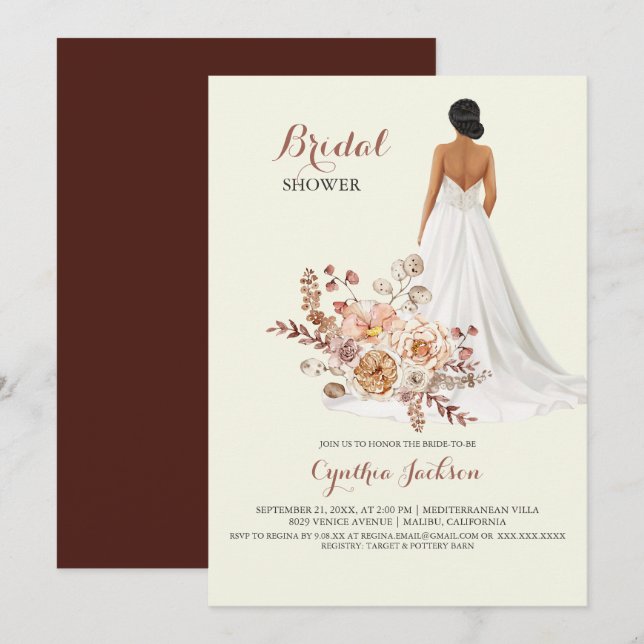 Rustic Floral African American Bride Bridal Shower Invitation (Front/Back)
