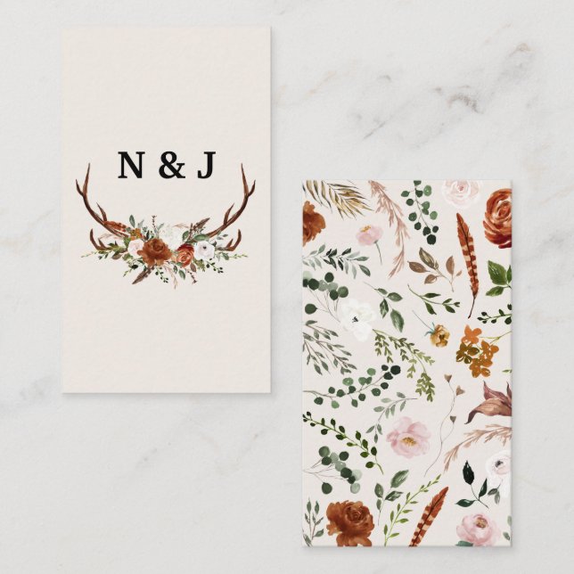 Rustic floral and antlers initials wedding sparkle enclosure card (Front/Back)