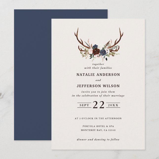 Rustic floral and antlers wedding navy blue (Front/Back)