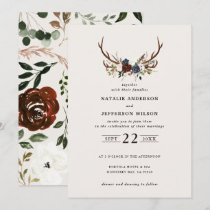 Rustic floral and antlers wedding navy burgundy