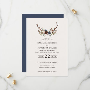 Rustic floral and antlers wedding navy burgundy save the date