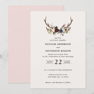 Rustic floral and antlers wedding navy pink save the date