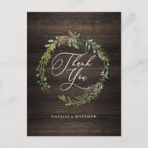 Rustic floral and foliage watercolor wreath thank  postcard