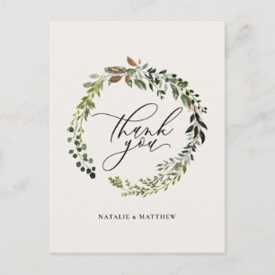 Rustic floral and foliage watercolor wreath thank postcard