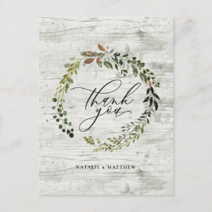 Rustic floral and foliage watercolor wreath thank  postcard