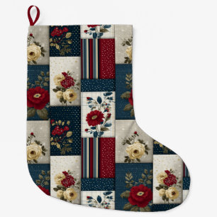 Rustic Floral and Geometric Patchwork Design Large Christmas Stocking