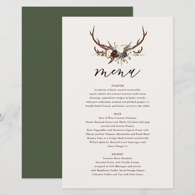 Rustic floral and stag antlers wedding menu (Front/Back)