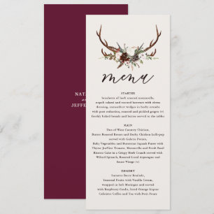 Rustic floral and stag antlers wedding menu