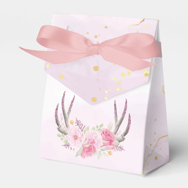 Rustic Floral Antlers Blush Pink & Gold Marble Favor Box (Front Side)