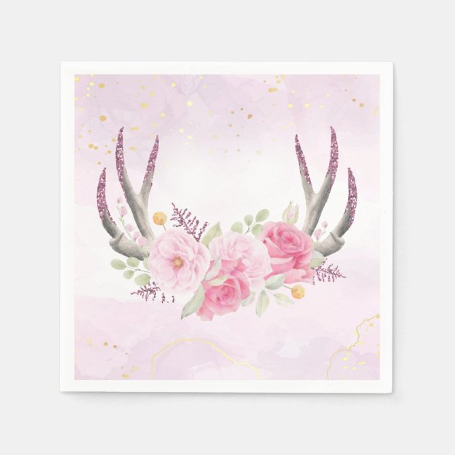 Rustic Floral Antlers Blush Pink & Gold Marble Napkin (Front)