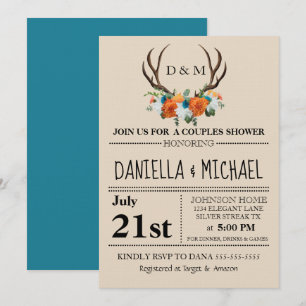 Rustic Floral Antlers BOHO Couples Shower Wedding Invitation
