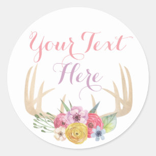 Rustic Floral Antlers Painted in Watercolor Style Classic Round Sticker