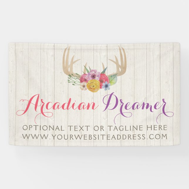 Rustic Floral Antlers Painted Watercolor on Wood Banner (Horizontal)